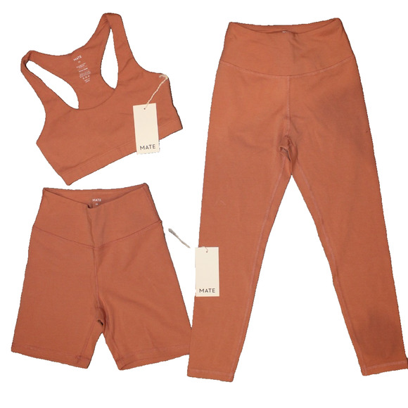Mate the Label Women Organic Sports Bra, Leggings & Biker Short Set XS ROSE PINK - Picture 2 of 6